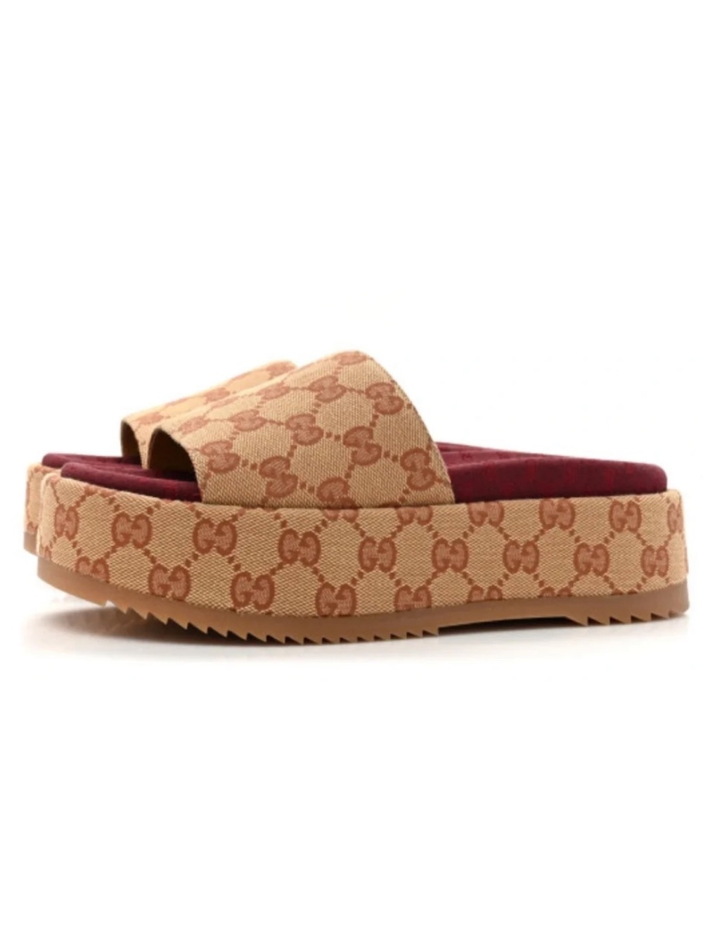 Gucci Angelina Beige GG Canvas Platform Slide with Burgundy Footbed